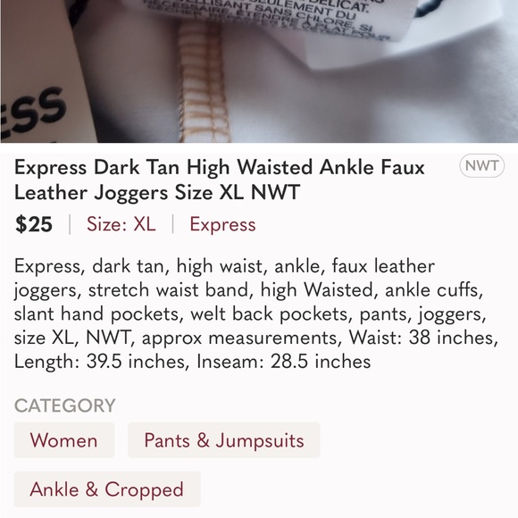 Express Dark Tan High Waisted Ankle Faux Leather Joggers Size XL NWT - Picture 10 of 10